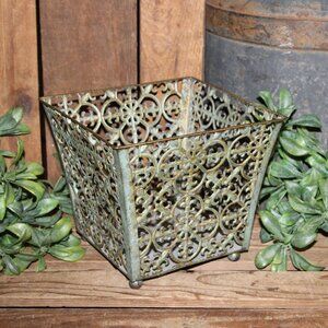 Shabby Aged Weathered French Farmhouse Filigree Fleur De Lis Metal Planter Pot